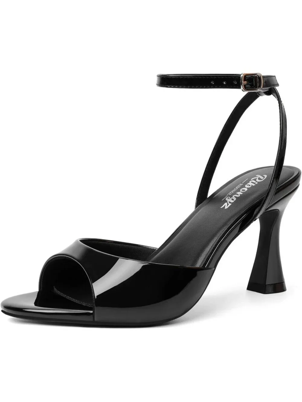 Women's Black Patent Open Toe Kitten Chunky Block Heel Ankle Strap Buckle Sandal